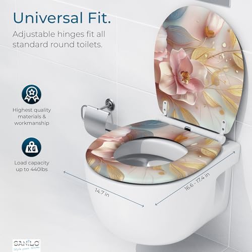 Sanilo Wooden Toilet Seat with Quick Release & Soft Close [ROUND] - Decorative & Slow Close Molded Wood Seat - With One Click for Easy Installation & Cleaning - With Adjustable Fit (Florentia)