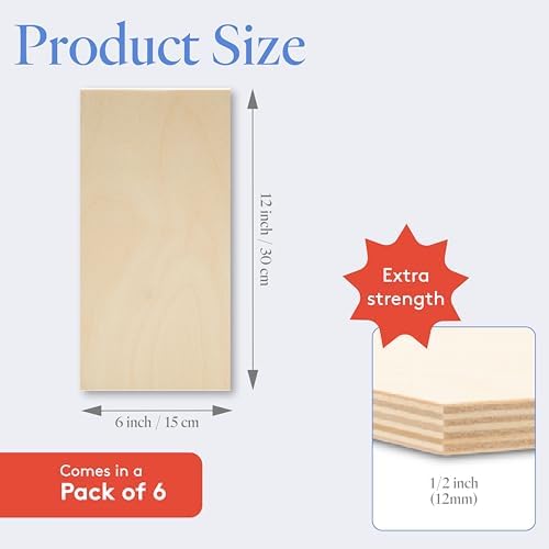12 mm Baltic Birch Plywood 1/2 x 6 x 12 Inch, Box of 6 B/BB Grade Craft Wood, Stronger Than Basswood Sheets, for Laser, CNC Cutting and Wood Burning, by Woodpeckers