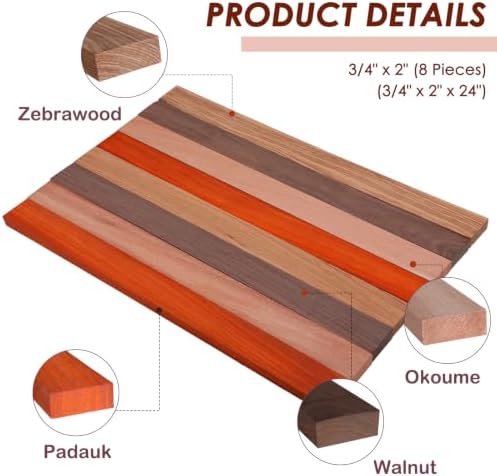 8 Pcs Exotic Hardwood Lumber Zebrawood Padauk, 3/4" X 2" X 24"