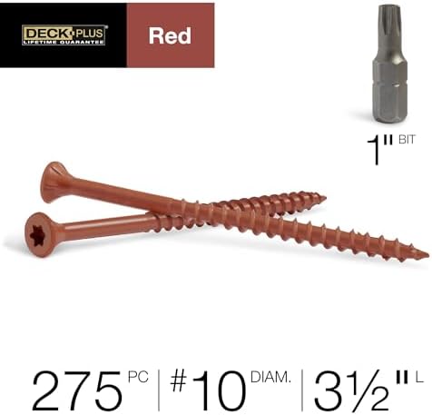 Deck Plus 3-1/2 Inch Epoxy Coated Exterior Wood and Fence Screws #10 x 3-1/2" Torx/Star Drive Included Coarse Thread, Outdoor Rust Resistant Decking Screw, Red, 5lb Box, 275 Pieces | 48436