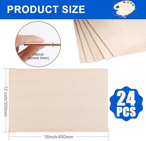 24 Pack Basswood Sheets for Crafts 12x18x1/8 Inch, 3mm Thick Unfinished Plywood for Laser Cutting & Engraving, DIY Ornaments and Architectural Model