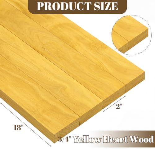 Novabright 4 Pcs 3/4" x 2" x 18" Yellow Heart Wood Exotic Wood Hardwood Lumber Board Imported Exotic Hardwood Variety Pack for Craft of Woodworking Cutting Boards Processing Handicraft Production