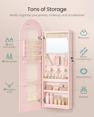 SONGMICS Wide Jewelry Organizer, Wall/Door Mounted, LED Cabinet, Lockable