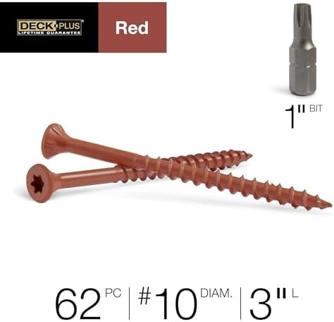 Deck Plus 3 Inch Epoxy Coated Exterior Wood and Fence Screws #10 x 3 Torx/Star Drive Included Coarse Thread, Outdoor Rust Resistant Decking Screw, Red, 1lb Box, 62 Pieces | 48432