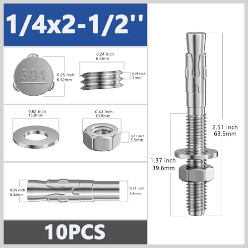 Wensilon 10Pcs 1/4x2-1/2 Inch Standard Fasteners for Heavy-Duty 304 Stainless Steel Wedge Anchors for Cement and Concrete