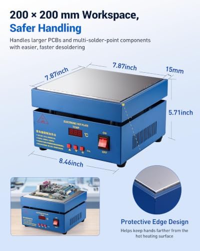 Soldering Hot Plate, PCB Preheater Rework Station with Digital Temperature Control, 200×200mm Heating Area for Multi-Point Heating, Electronics Repair, SMD Soldering, PCB Rework DIY 220V 850W