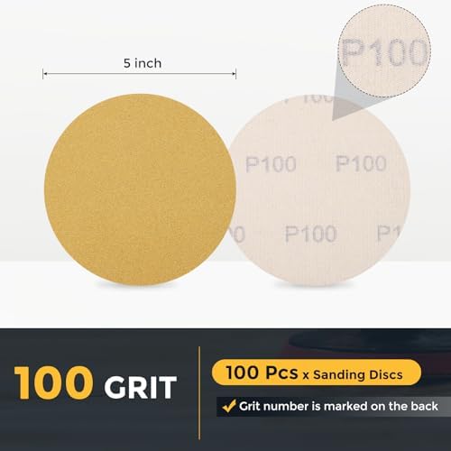 HARFINGTON 100 Pcs 5 Inch Sanding Discs 100 Grit Yellow Aluminum Oxide