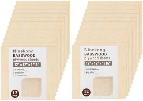 Basswood Sheets 24 Pack,12"x12"x1/16 Plywood Sheets,1.5mm Basswood for Laser Cutting,Laser Engraving Blanks,Drawing & Painting,Thin Natural Unfinished Wood for Crafts,Wood Burning,Scroll Saw Cutting