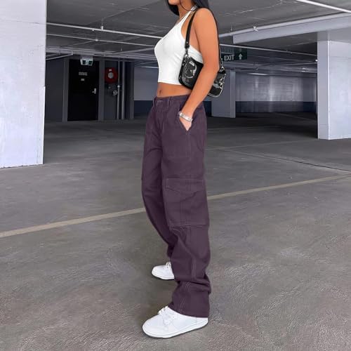 Lepunuo Cargo Pants for Women High Waisted Casual Pants Baggy Stretchy Wide Leg Y2K Streetwear with 6 Pockets