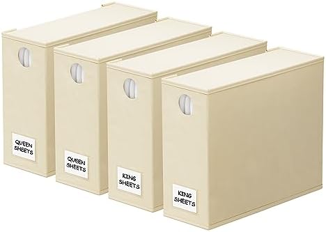 SpaceAid 4 Pack Bed Sheet Organizers and Storage, Foldable Sheet Organizer for Linen Closet, Sheets Set Folder Keeper with Window XL (Queen & King Size) Organizing Bedding Container, Beige