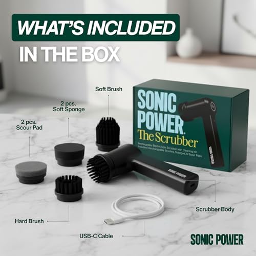 SonicPower Electric Spin Scrubber – Handheld & Ergonomic, IPX7 Waterproof, 4 Multi-Purpose Brush Heads, Long-Lasting Rechargeable Battery – Cleans Dishes, Bathroom, Tile, Grout & Kitchen (Black)