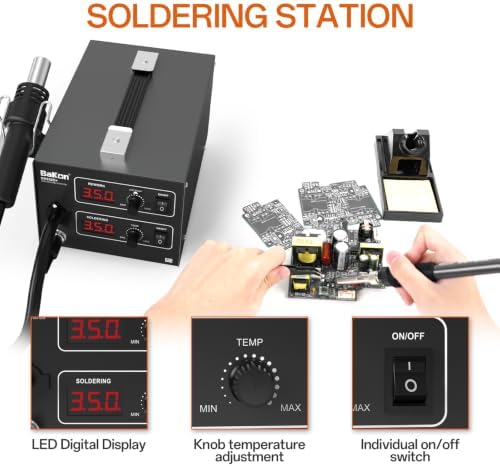 Bakon 852d+ Heat Gun And Soldering Iron 2-In-1 Kit, Smd Hot Air Rework Soldering Station, Multiple Functions Electronics Kit, Led Digital Display, Knob Type Adjustable Temperature