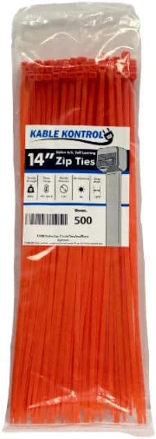 Kable Kontrol Cable Zip Ties, 14 Inch, 500 Pcs, 50lbs Test, Orange | Nylon Plastic, Self Locking, UL Listed, Indoor Use