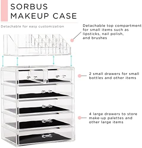 Sorbus Makeup Organizer, 6-Drawer Acrylic 2-Piece Set (Clear)