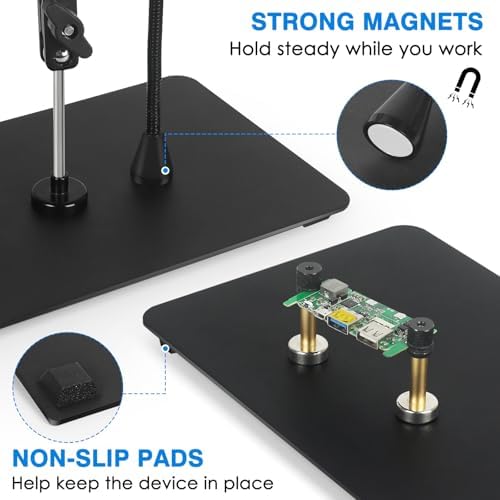 Magnetic Helping Hands Soldering Station with 5X LED Magnifying Lamp, 6 Flexible Arms, 360° Soldering Clamp, Heavy Duty Base, Magnetic Third Hand Tool for Precision Soldering, Electronics & DIY