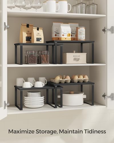 SONGMICS Cabinet Organizer Shelf, Set of 2 Kitchen Counter Shelves, Kitchen Storage, Spice Rack, Stackable, Expandable, Metal and Engineered Wood, Ink Black and Charcoal Black UKCS02B01 (Pack of 2)