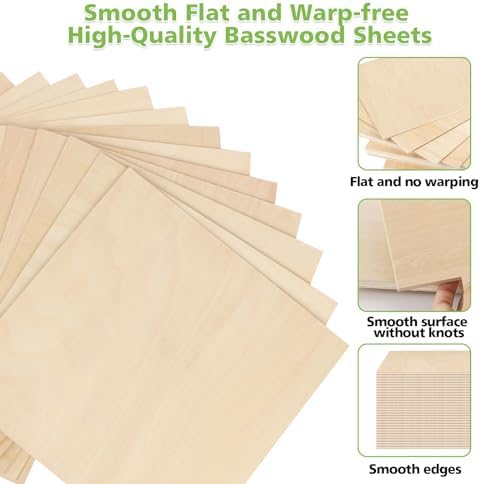 42PCS Basswood Sheets 12" x 12" x 1/8" (3mm) – Flat & Clean Thin Basswood Sheets for Laser Cutting & Engraving, Consistent Quality Wood Sheets for Wood Burning, Painting, Staining, DIY Ornaments Model