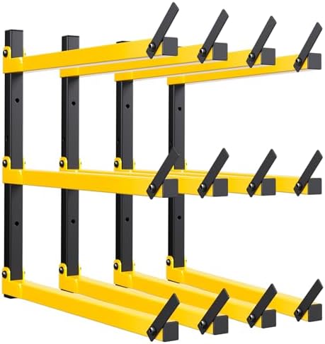GREENER Lumber Storage Rack Folding Wood Storage Racks Wall-Mounted Metal Racks for Storage with 3-Level Heavy Duty Garage Wood Organizer for Woodworking Shop Indoor & Outdoor Use, 4 pairs,Yellow