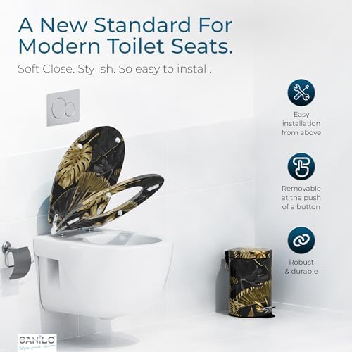 Sanilo Wooden Toilet Seat with Quick Release & Soft Close [ROUND] - Decorative & Slow Close Molded Wood Seat - With One Click for Easy Installation & Cleaning - With Adjustable Fit (Golden Leaves)