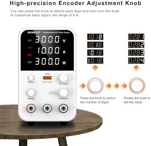 DC Power Supply Variable, Bench Power Supply with Encoder Adjustment Knob, Output Enable/Disable Button, Adjustable Power Supply with USB Quick-Charge, Short Circuit Alam (30V 10A White)