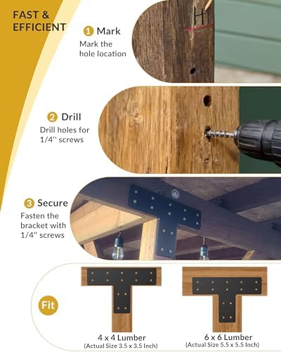 6 Pcs Ultra-Thick T Post Bracket, 12" x 8" Extreme Weatherproof Flat Mending Plate, Heavy Duty Structural Connector for 4x4 6x6 Lumber, Outdoor Pergola, Cabin & Deck Timber Framing