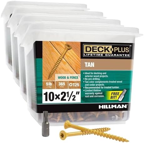 Deck Plus 2-1/2 Inch Epoxy Coated Exterior Wood and Fence Screws #10 x 2-1/2" Torx/Star Drive Included Coarse Thread, Outdoor Rust Resistant Decking Screw, Tan, 5 lb Box, 365 Pieces | 48416(Pack of 4)