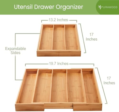 Purawood Kitchen Drawer Organizer, 2 Pack - Expandable Utensil Drawer Organizer for Kitchen, Cutlery Tray & Silverware Organizer, 3-5 Slots - Bamboo Organizer for Utensils & Flatware (Natural)