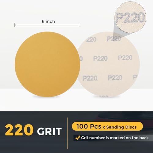 HARFINGTON 100 Pcs 6 Inch Sanding Discs 220 Grit Yellow Aluminum Oxide