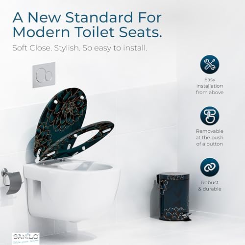 Sanilo Wooden Toilet Seat with Quick Release & Soft Close [ROUND] - Decorative & Slow Close Molded Wood Seat - With One Click for Easy Installation & Cleaning - With Adjustable Fit (Dahlia)