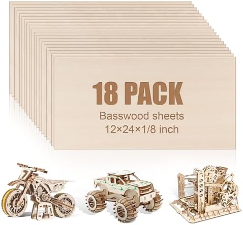 18 Pack 12x24x1/8 Inch Basswood Sheets, Large Size Basswood for Laser Cutting & Engraving, Plywood Wood Board Unfinished Wood Sheets for Crafts, DIY Architectural Models, Wood Burning and Painting.