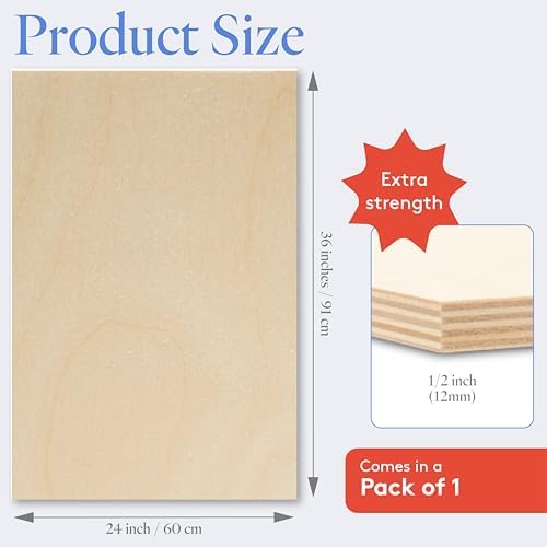 Baltic Birch Plywood 24 x 36 x 1/2 Inch - 12 mm Craft Wood, Pack of 1 B/BB Grade, Stronger Than Basswood Sheets or Balsa Wood, Perfect for Laser, CNC Cutting, Wood Shelves, by Woodpeckers