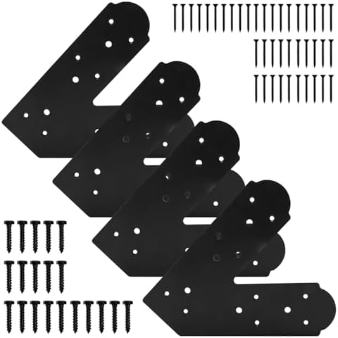 45-Degree Steel Flat Bracket, 4 Pcs Angled Brackets Flat Fixing Mending Plates Black Flat Repair Plate Bracket Corner Brace with Screws Set for Wood Lumber Timber Connectors