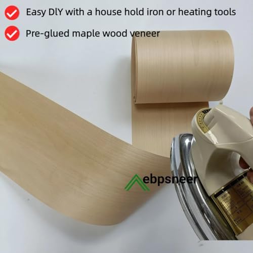 Maple Wood Veneer Sheet,Flat Cut,8.5''x 98'',Iron On Stick Veneer Roll Without Paper,Pre-glued Hot Melt Self Adhesive Strip for Cabinet Furniture Plywood Door Speaker Renovation Woodworking