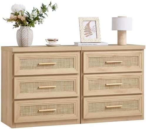RWYHG Rattan Nightstands Set of 2 Wood 3 Drawer 26" Tall Gold Handle