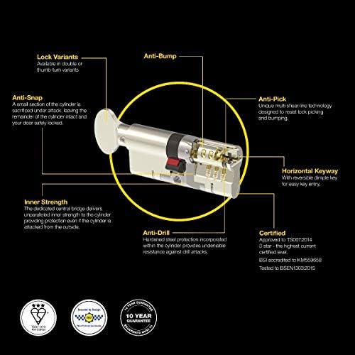 Yale B-YS3-5045B Anti-Snap 3 Star Euro Double Cylinder, High Security, 50:45 (95mm), Brass Finish