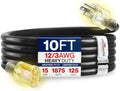 10ft Outdoor/Indoor Extension Cord 12/3 Gauge Extra Heavy Duty 3 Prong SJTW (5-15P/5-15R), Waterproof, Flexible Cold-Resistant Long Power Cord,15A 125V 1875W, Black by LifeSupplyUSA