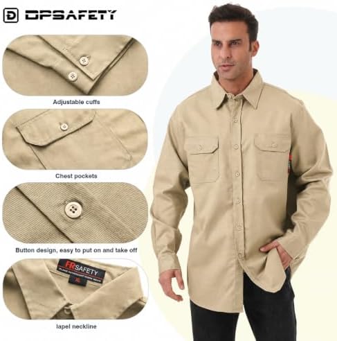 FR Shirt 7oz Fire Resistant Shirts Men's,CAT2 Welding Shirt 100% Cotton Flame Resistant Shirts Khaki (6X-Large)