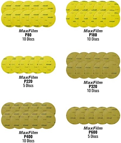 Eagle Abrasives MaxFilm 6 inch Sanding Discs Starter Kit, 0 Holes, Hook & Loop, P80 - P600, SP52086, 50 discs