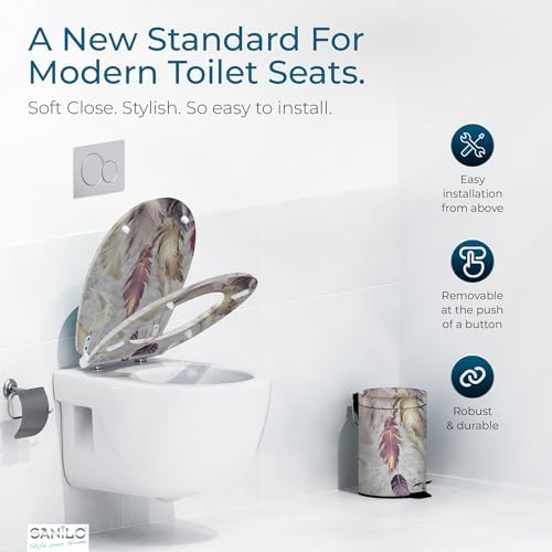 Sanilo Wooden Toilet Seat with Quick Release & Soft Close [ROUND] - Decorative & Slow Close Molded Wood Seat - With One Click for Easy Installation & Cleaning - With Adjustable Fit (Feathers)
