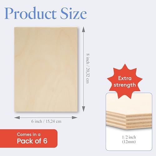 12 mm Baltic Birch Plywood 1/2 - B/BB Grade Craft Wood, Stronger Than Basswood Sheets, for Laser, CNC Cutting and Wood Burning, by Woodpeckers (6, 6" x 8")