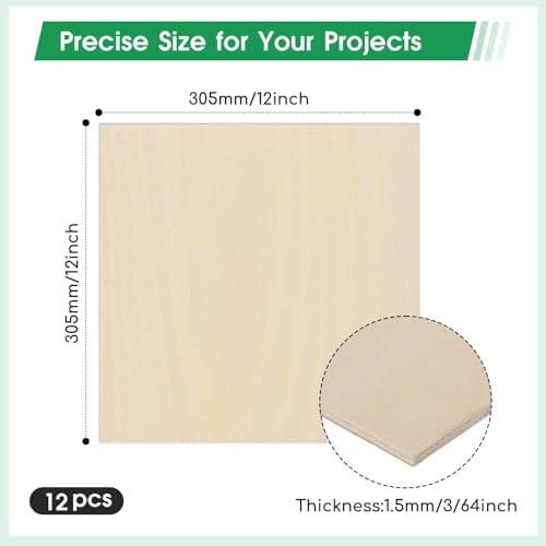 12 Pack Basswood Sheets 12"×12"×3/64" Unfinished Plywood Sheet