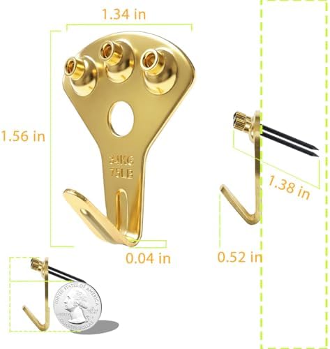 Picture Hangers Heavy Duty, Extra Thick, 75 lb, Decorative Hanging Hooks Hardware for Drywall and Plaster Walls with Large Nailers and Nails, Painting, 20pcs, Gold
