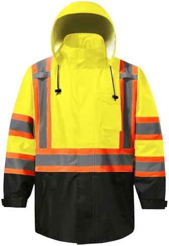 Reflective Rain jackets for men waterproof,Hi Vis Safety Coat With Reflective Strips，High Visibility Class 3 Rain jackets With 2 large pockets，Zipper,Lime,4XL/5XL
