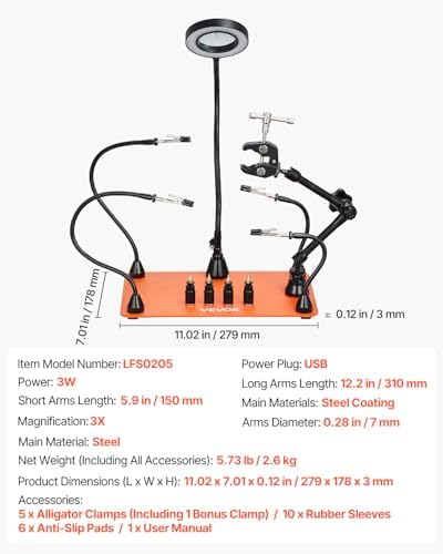 VEVOR Magnetic Helping Hands Soldering Station, Third Hand Soldering Tool with Gooseneck LED Magnifying Lamp, 4 PCB Holders & 360 Hot Air Gun Holder for Electronic Repair Craft Hobby