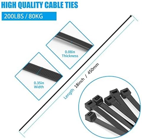 Armpow 18 inch Black Zip Ties Heavy Duty 250 PACK, 200 LBS Ultra Exclusive Strong Plastic Wire Ties, Large Cable Ties Extra Long Tie Wraps, Indoor and Outdoor UV Resistant