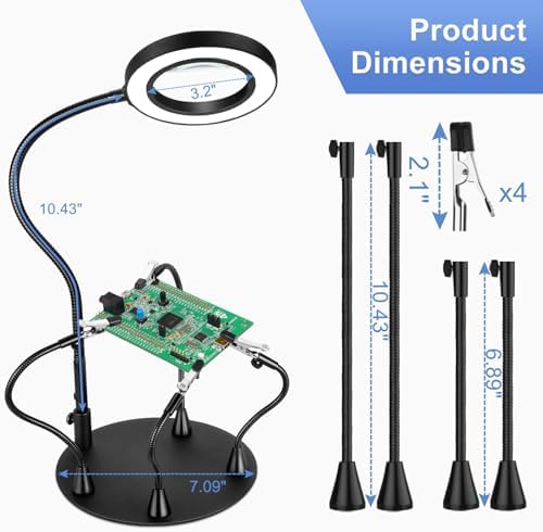 Magnetic Helping Hands Soldering Station with 10X Magnifying Glass with light, PCB Holder 4 Flexible Arms Magnifier and Third Hand Tool for Electronic Repair Soldering Jewelry Craft