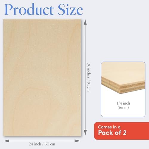 Baltic Birch Plywood 24 x 36 x 1/4 Inch - 6 mm Craft Wood, Pack of 2 B/BB Grade, Stronger Than Basswood Sheets or Balsa Wood, Perfect for Laser, CNC Cutting, Wood Burning, by Woodpeckers