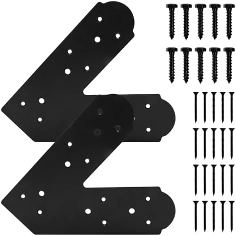 45-Degree Steel Angled Bracket - 2 Pcs, Flat Fixing Mending Plates, Black Repair Plate, Corner Brace with Screws Set for Wood, Lumber, Timber Connectors