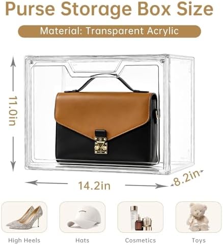 Purse Organizer for Closet,Clear Acrylic Display Case for Handbag Organizer, Purse Storage Box with Magnetic Door, Plastic Storage Bins for Book, Collectibles, Cosmetic (9 Pack)
