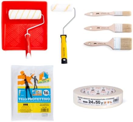2000 | Professional Painting Kit Consisting of Large Roller and Small Roller, 3 Brushes, Plastic Tray, Paper Tape for Masking, Protective Cover 4 x 4 m – Made in Italy